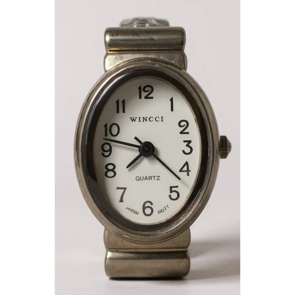 Wincci Quartz Watch Silver Tone Black Faux Leather Cuff Bracelet Japan Movt
